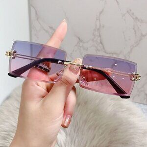 Men Women Hip Hop Sunglasses Square‎ Rimless Clear Lens Diamond Cut Migos Lentes